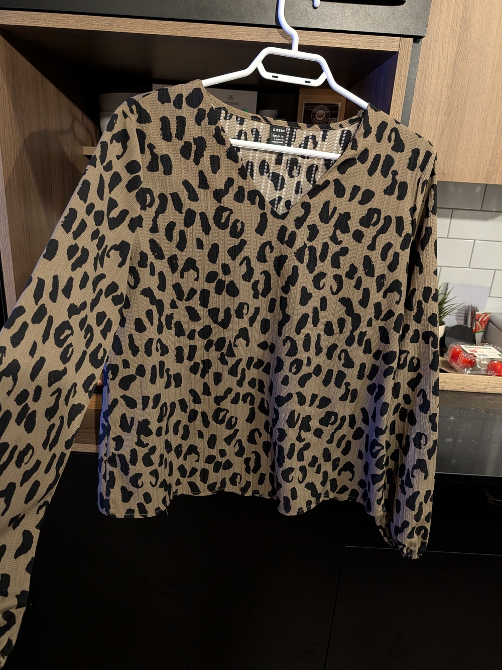 H&M Taupe Leopard Print V-Neck Long Sleeve Top